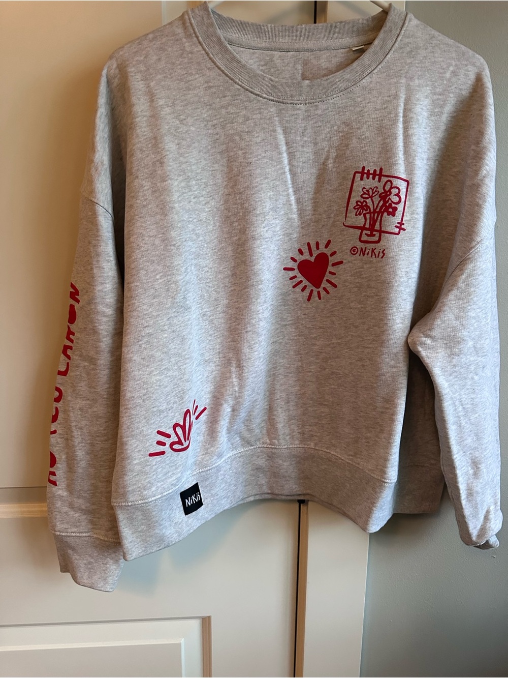 Gray Crewneck Sweatshirt with Red Graphic Accents